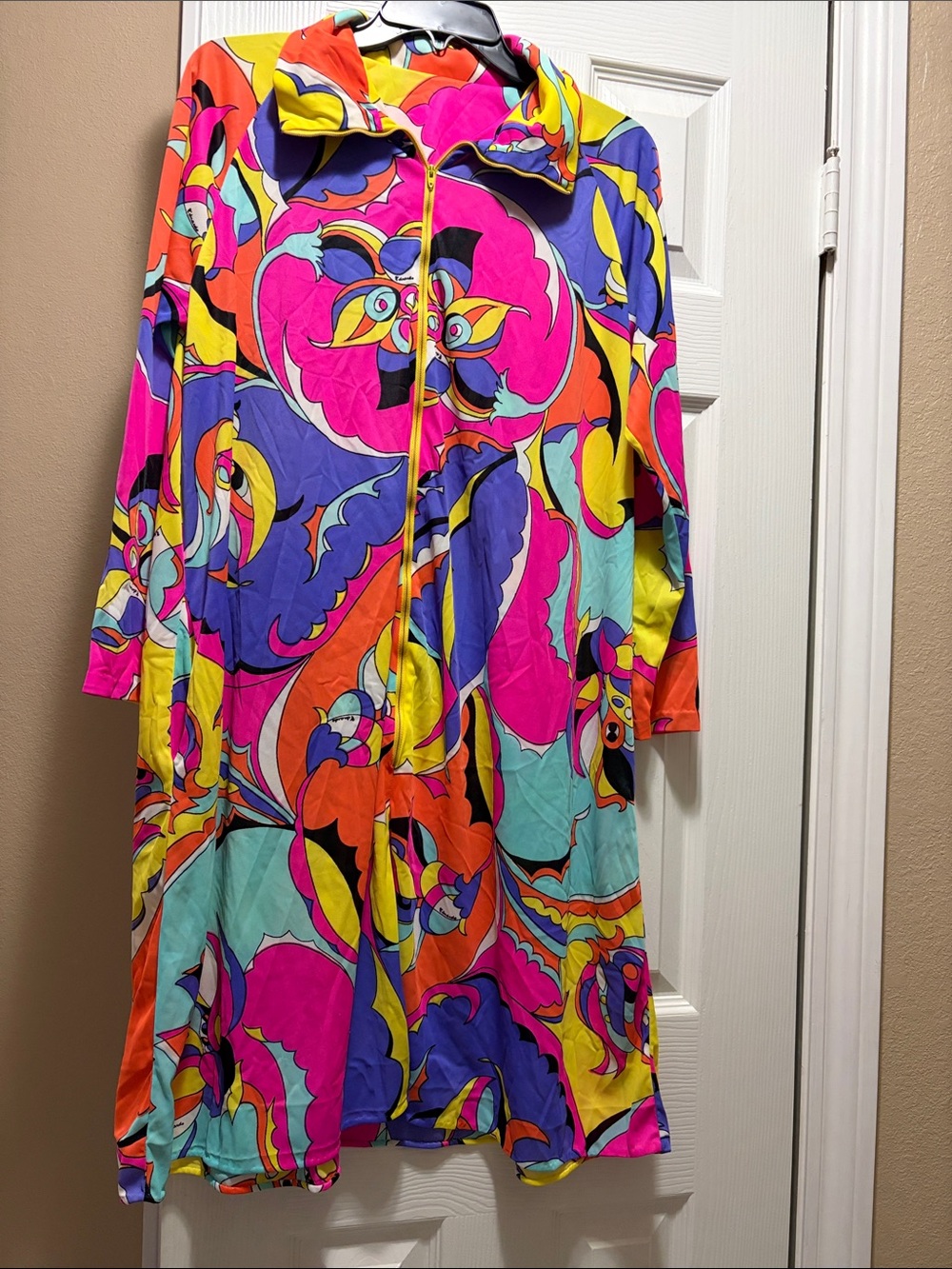 Bold Multicolor Zip-Front Long Sleeve Women's Dress